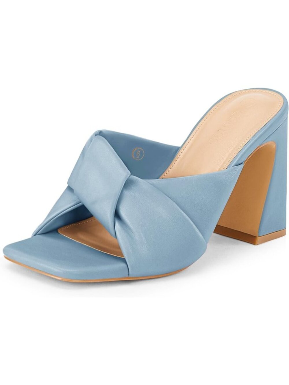 Women's Blue Chunky Heeled Mules Puffy Knot Square Open Toe Slip On Sandals